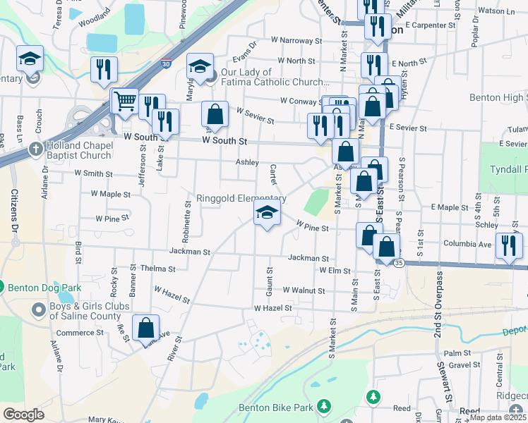 map of restaurants, bars, coffee shops, grocery stores, and more near 536 River Street in Benton