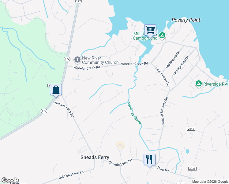 map of restaurants, bars, coffee shops, grocery stores, and more near 177 Zion Lane in Sneads Ferry