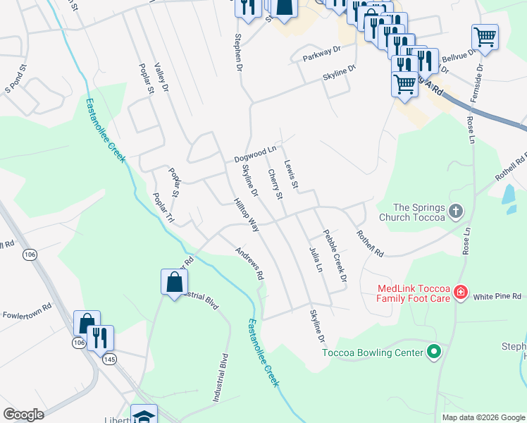 map of restaurants, bars, coffee shops, grocery stores, and more near 387 Hilltop Lane in Toccoa