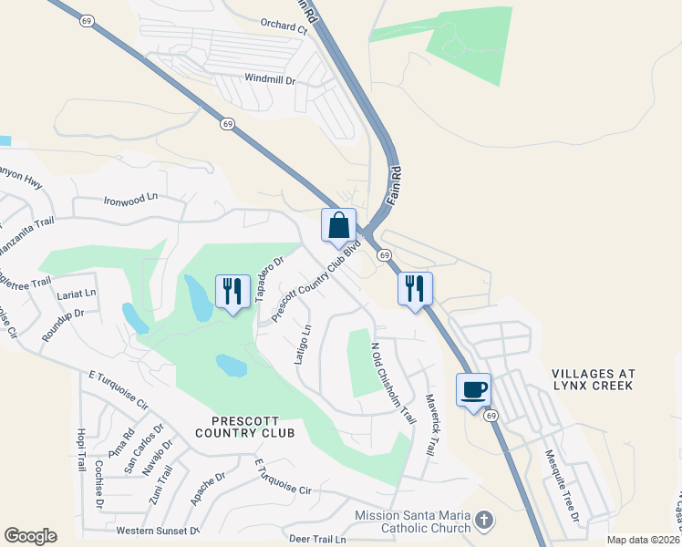 map of restaurants, bars, coffee shops, grocery stores, and more near 1151 North Old Chisholm Trail in Prescott Valley
