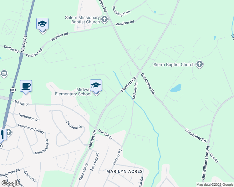 map of restaurants, bars, coffee shops, grocery stores, and more near 1241 Harriett Circle in Anderson