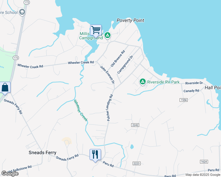 map of restaurants, bars, coffee shops, grocery stores, and more near Sam Millis Drive in Sneads Ferry