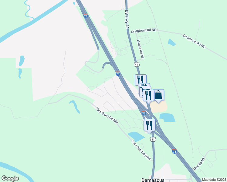 map of restaurants, bars, coffee shops, grocery stores, and more near 104 Chance Drive in Calhoun