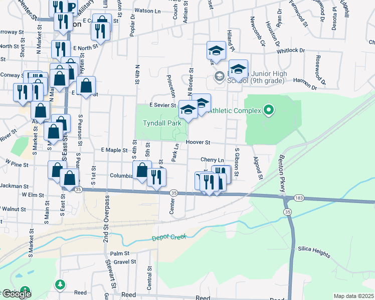 map of restaurants, bars, coffee shops, grocery stores, and more near 405 South Border Street in Benton