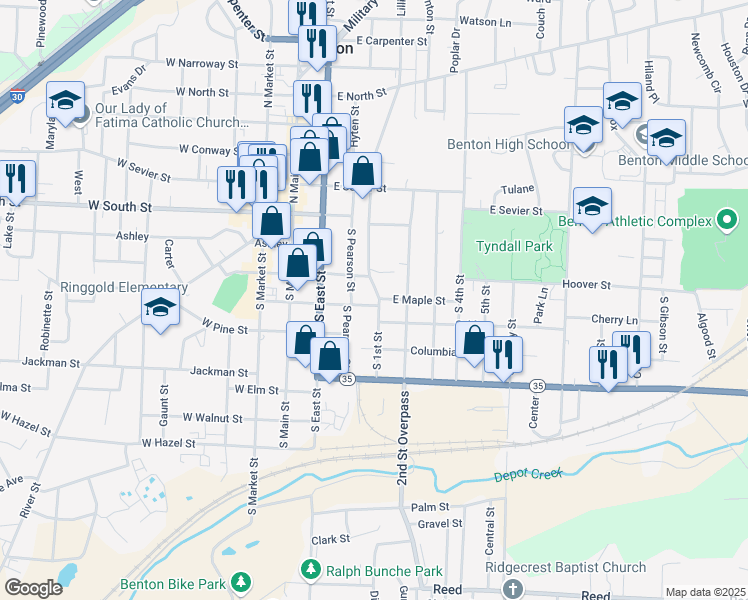 map of restaurants, bars, coffee shops, grocery stores, and more near 414 South 1st Street in Benton