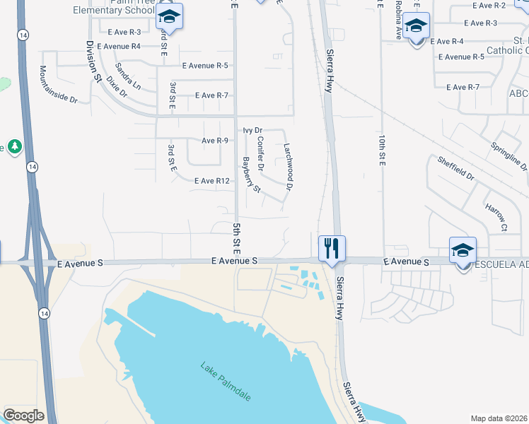 map of restaurants, bars, coffee shops, grocery stores, and more near 37318 Briarwood Court in Palmdale