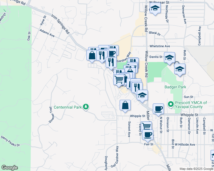 map of restaurants, bars, coffee shops, grocery stores, and more near in Prescott