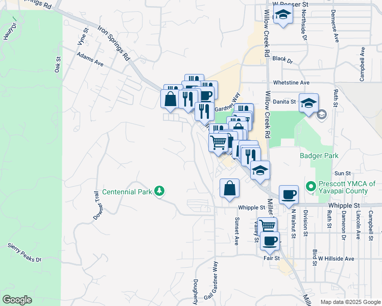 map of restaurants, bars, coffee shops, grocery stores, and more near in Prescott