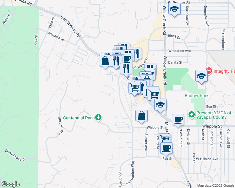 map of restaurants, bars, coffee shops, grocery stores, and more near 1022 Gail Gardner Way in Prescott