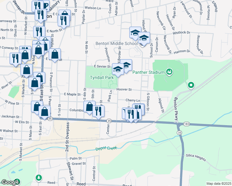 map of restaurants, bars, coffee shops, grocery stores, and more near 405 South Border Street in Benton