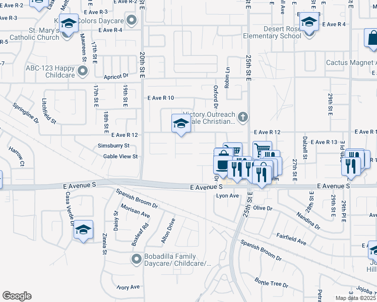 map of restaurants, bars, coffee shops, grocery stores, and more near 2137 Estrella Court in Palmdale