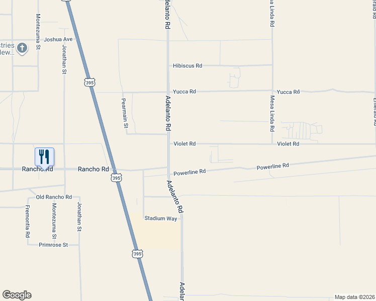 map of restaurants, bars, coffee shops, grocery stores, and more near 12191 Violet Road in Adelanto