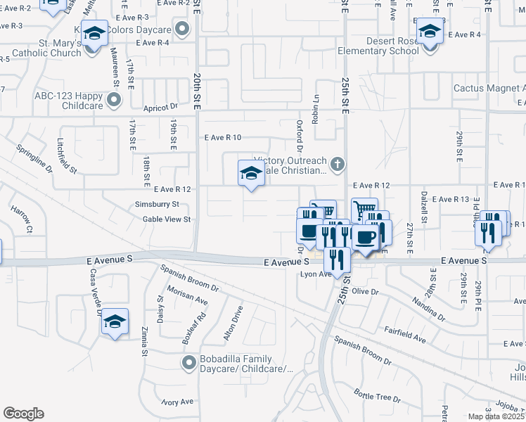 map of restaurants, bars, coffee shops, grocery stores, and more near 2137 Estrella Court in Palmdale