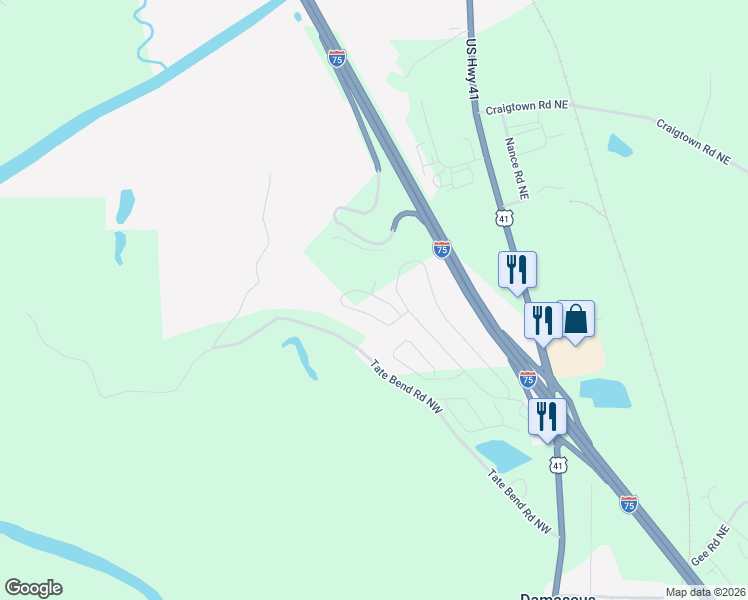 map of restaurants, bars, coffee shops, grocery stores, and more near 261 Chance Drive in Calhoun