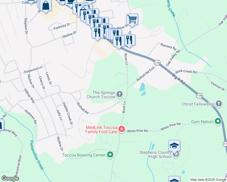 map of restaurants, bars, coffee shops, grocery stores, and more near 130 Ellen Court in Toccoa