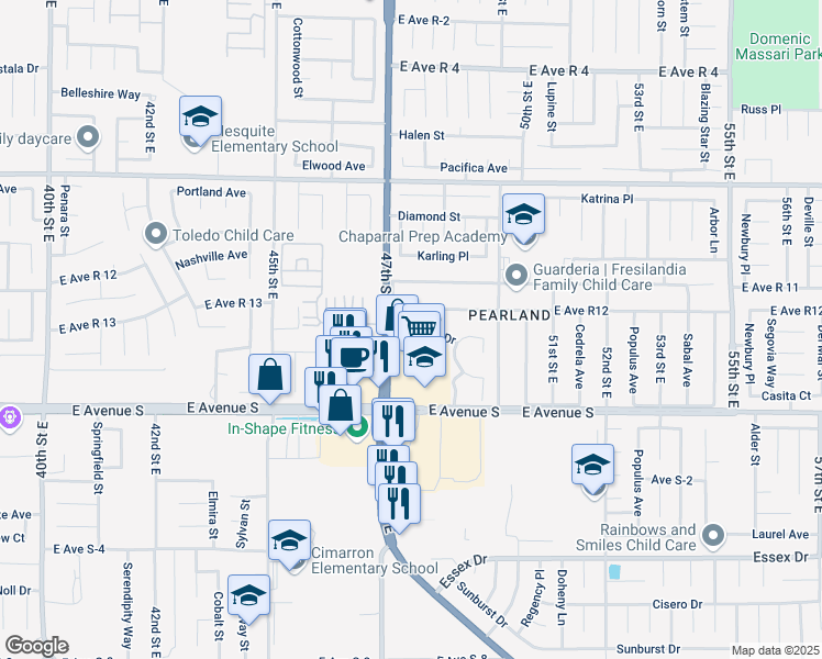map of restaurants, bars, coffee shops, grocery stores, and more near 4734 Minstrel Drive in Palmdale