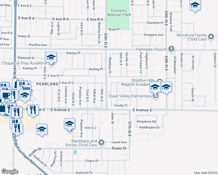 map of restaurants, bars, coffee shops, grocery stores, and more near 37316 55th Street East in Palmdale