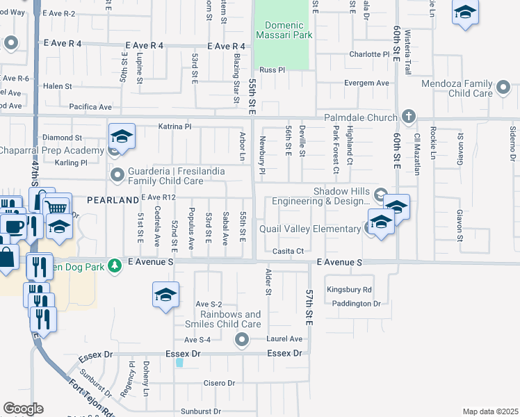 map of restaurants, bars, coffee shops, grocery stores, and more near 37343 Newbury Place in Palmdale