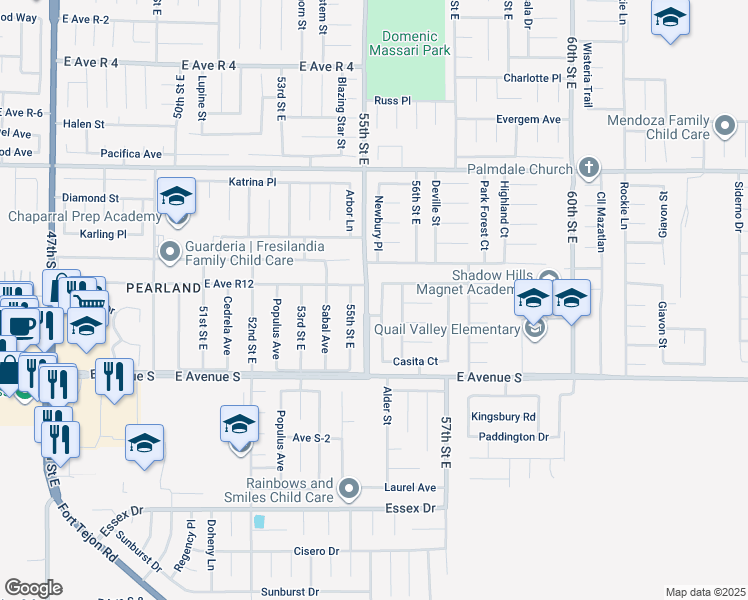 map of restaurants, bars, coffee shops, grocery stores, and more near 37343 Newbury Place in Palmdale