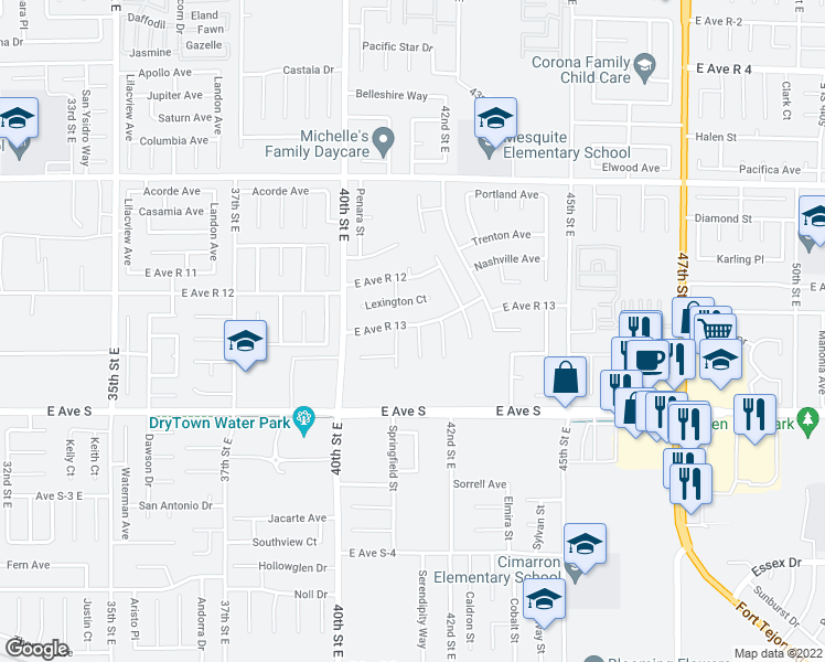 map of restaurants, bars, coffee shops, grocery stores, and more near 37270 Springfield Street in Palmdale