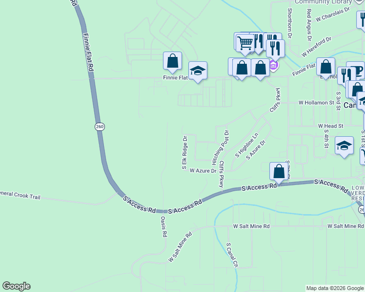 map of restaurants, bars, coffee shops, grocery stores, and more near 638 South Elk Ridge Drive in Camp Verde