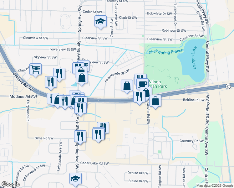 map of restaurants, bars, coffee shops, grocery stores, and more near 2046 Beltline Road Southwest in Decatur