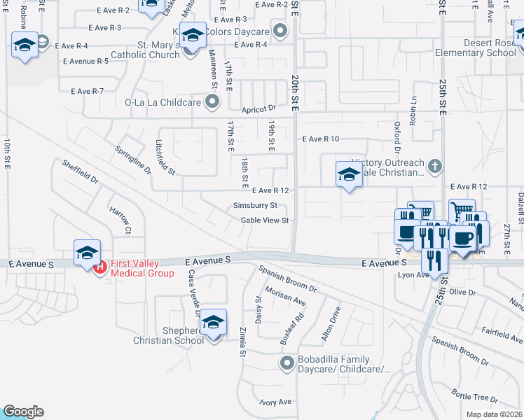 map of restaurants, bars, coffee shops, grocery stores, and more near 1902 Simsburry Street in Palmdale