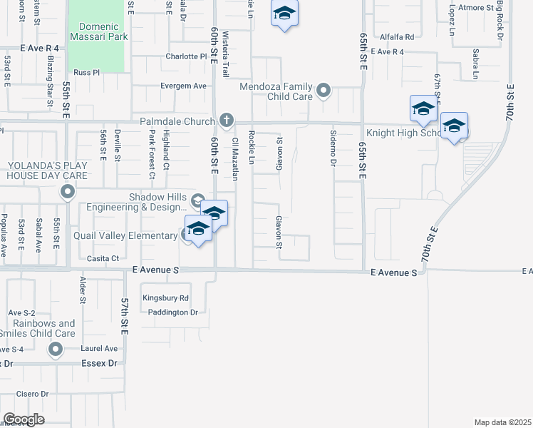 map of restaurants, bars, coffee shops, grocery stores, and more near 6121 Malaga Court in Palmdale