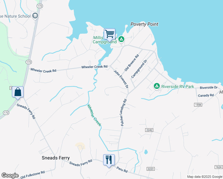 map of restaurants, bars, coffee shops, grocery stores, and more near Sam Millis Drive in Sneads Ferry