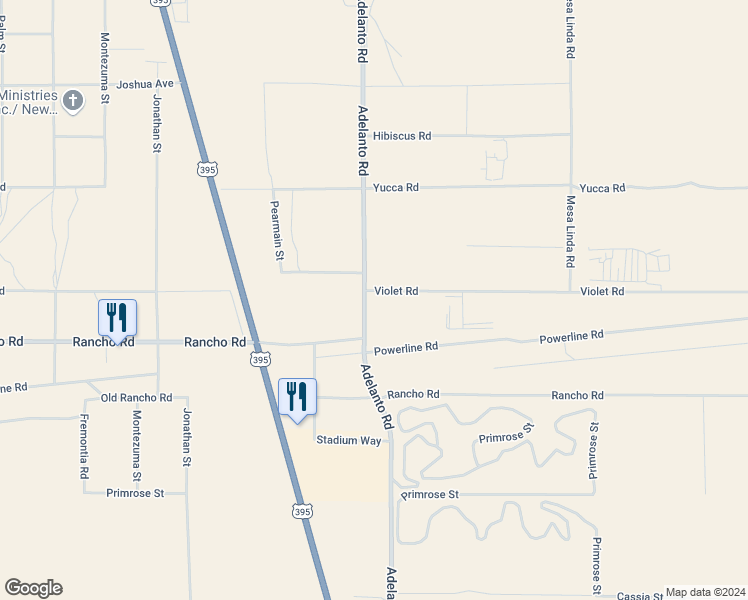 map of restaurants, bars, coffee shops, grocery stores, and more near Violet Road in Adelanto