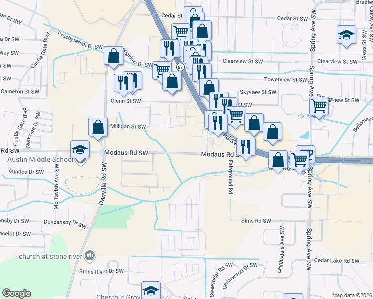 map of restaurants, bars, coffee shops, grocery stores, and more near 2625 Centron Drive Southwest in Decatur