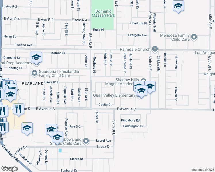 map of restaurants, bars, coffee shops, grocery stores, and more near 5609 Malaga Court in Palmdale