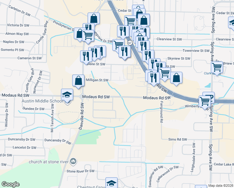 map of restaurants, bars, coffee shops, grocery stores, and more near 1613 Milligan Street Southwest in Decatur