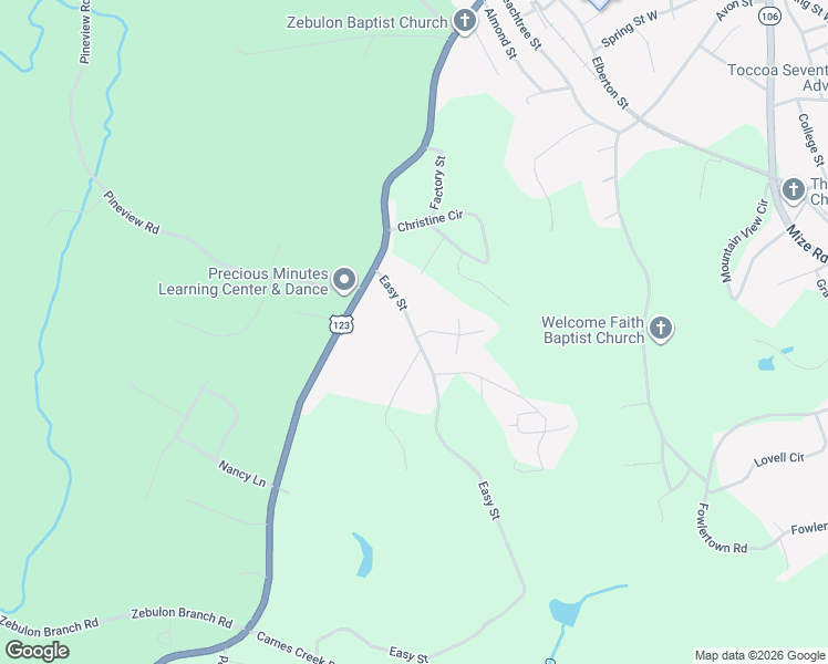 map of restaurants, bars, coffee shops, grocery stores, and more near 136 Easy Street in Toccoa