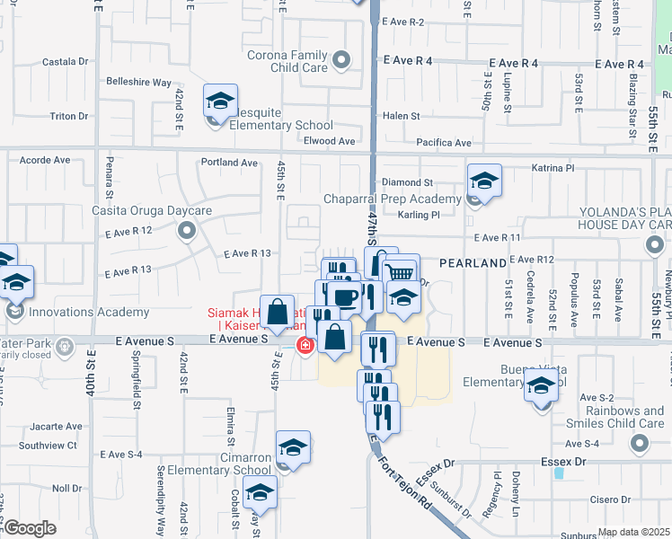 map of restaurants, bars, coffee shops, grocery stores, and more near 37311 47th Street East in Palmdale