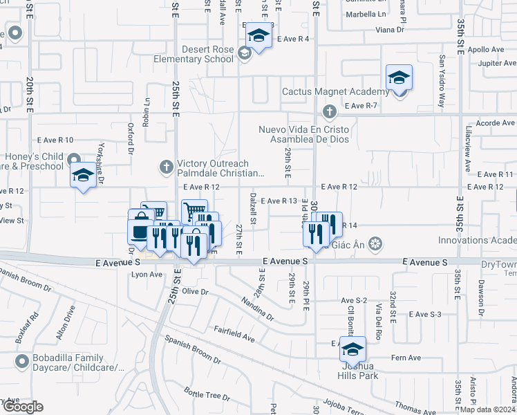 map of restaurants, bars, coffee shops, grocery stores, and more near 37326 Dalzell Street in Palmdale