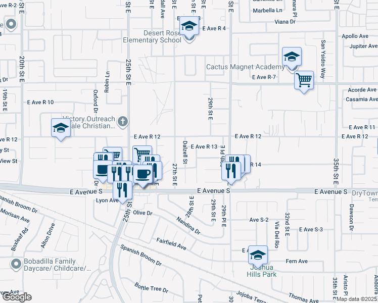 map of restaurants, bars, coffee shops, grocery stores, and more near 37326 Dalzell Street in Palmdale