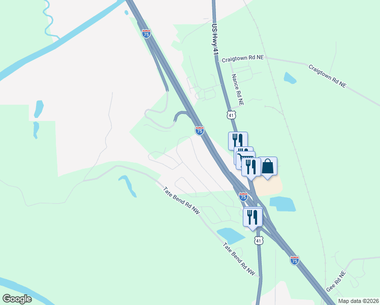 map of restaurants, bars, coffee shops, grocery stores, and more near 107 Rons Court Northwest in Calhoun