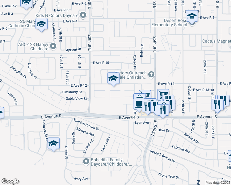 map of restaurants, bars, coffee shops, grocery stores, and more near 2120 Moonlight Court in Palmdale