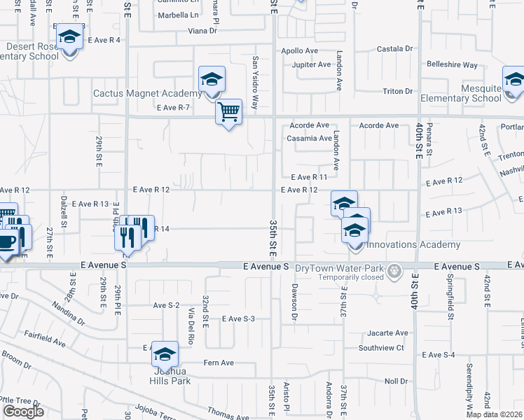 map of restaurants, bars, coffee shops, grocery stores, and more near 3348 East Avenue R12 in Palmdale
