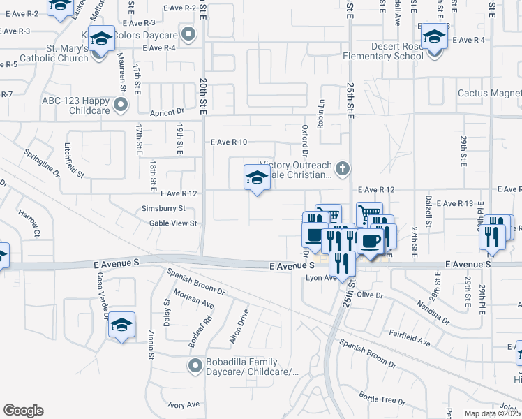 map of restaurants, bars, coffee shops, grocery stores, and more near 2120 Moonlight Court in Palmdale