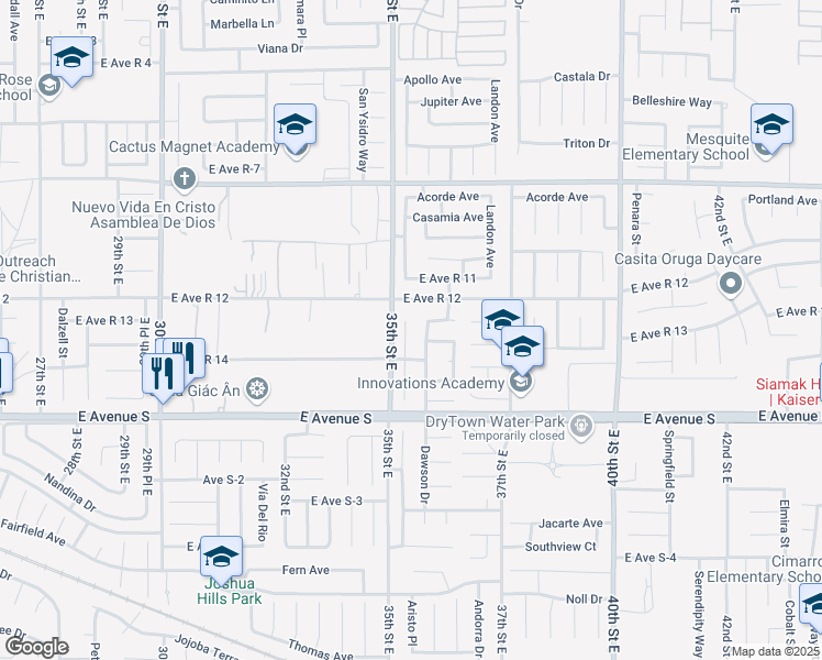 map of restaurants, bars, coffee shops, grocery stores, and more near 37332 Waterman Avenue in Palmdale