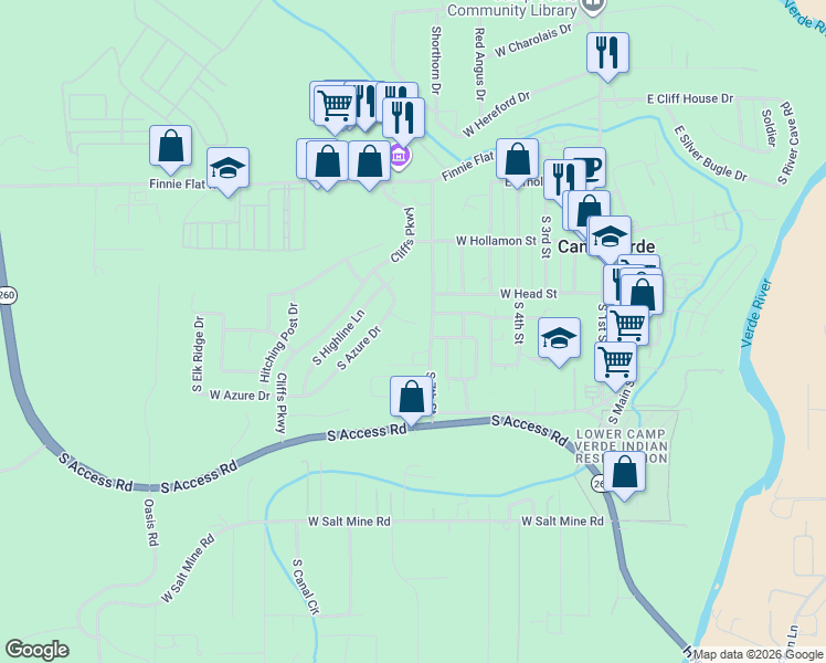 map of restaurants, bars, coffee shops, grocery stores, and more near 474 Azure Place in Camp Verde