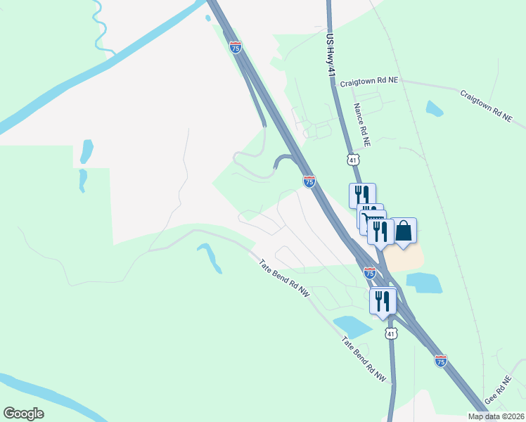 map of restaurants, bars, coffee shops, grocery stores, and more near 107 Rons Court Northwest in Calhoun