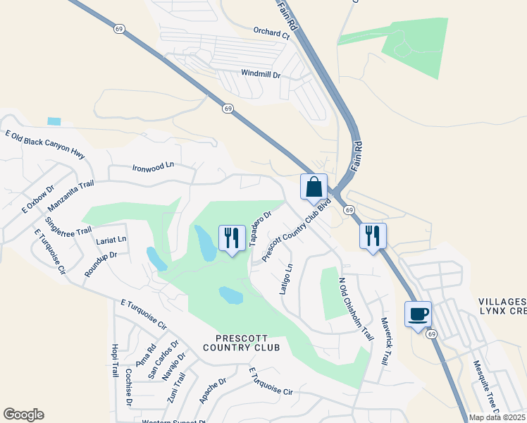 map of restaurants, bars, coffee shops, grocery stores, and more near 1256 Tapadero Drive in Yavapai County
