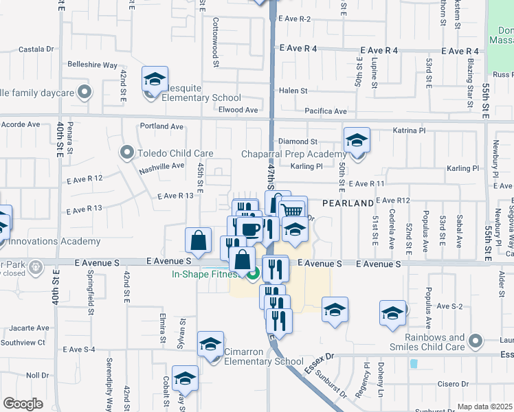 map of restaurants, bars, coffee shops, grocery stores, and more near 37311 47th Street East in Palmdale