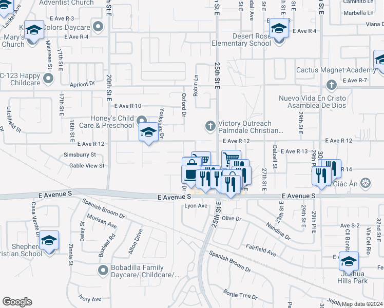 map of restaurants, bars, coffee shops, grocery stores, and more near 37329 Robin Lane in Palmdale