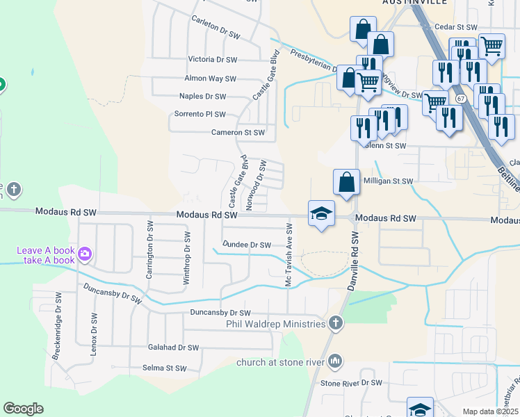 map of restaurants, bars, coffee shops, grocery stores, and more near 2607 Brompton Lane Southwest in Decatur