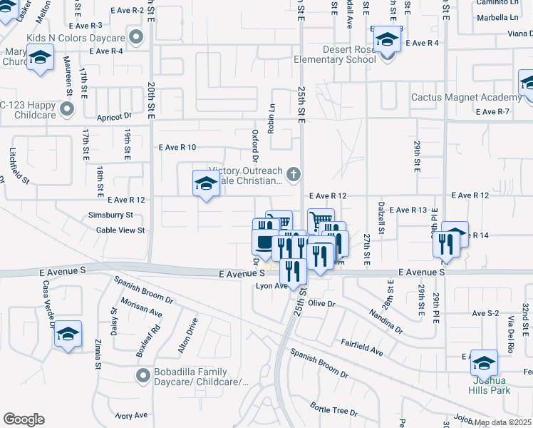 map of restaurants, bars, coffee shops, grocery stores, and more near 37329 Robin Lane in Palmdale