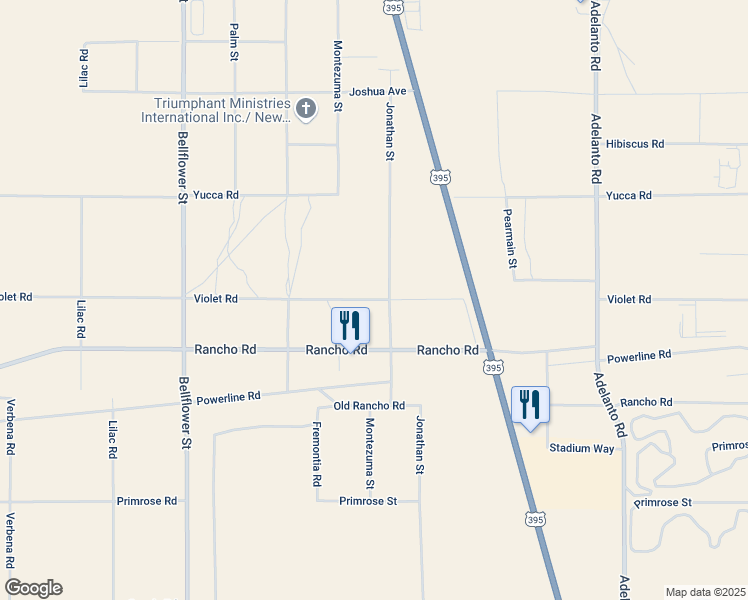 map of restaurants, bars, coffee shops, grocery stores, and more near Violet Road in Adelanto